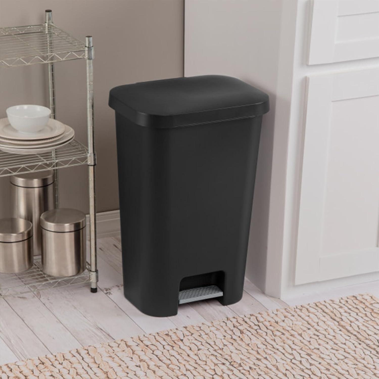 imageSterilite 119 Gallon StepOn Wastebasket with Lid Ideal in the Kitchen and Mudroom Fits a Large 13 Gal Trash Liner Pedal White Lid and Bin 4PackBlack