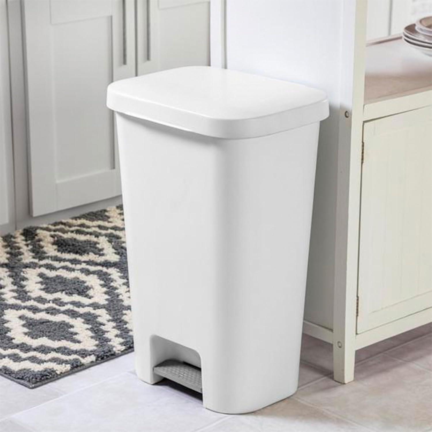 imageSterilite 119 Gallon StepOn Wastebasket with Lid Ideal in the Kitchen and Mudroom Fits a Large 13 Gal Trash Liner Pedal White Lid and Bin 4PackWhite