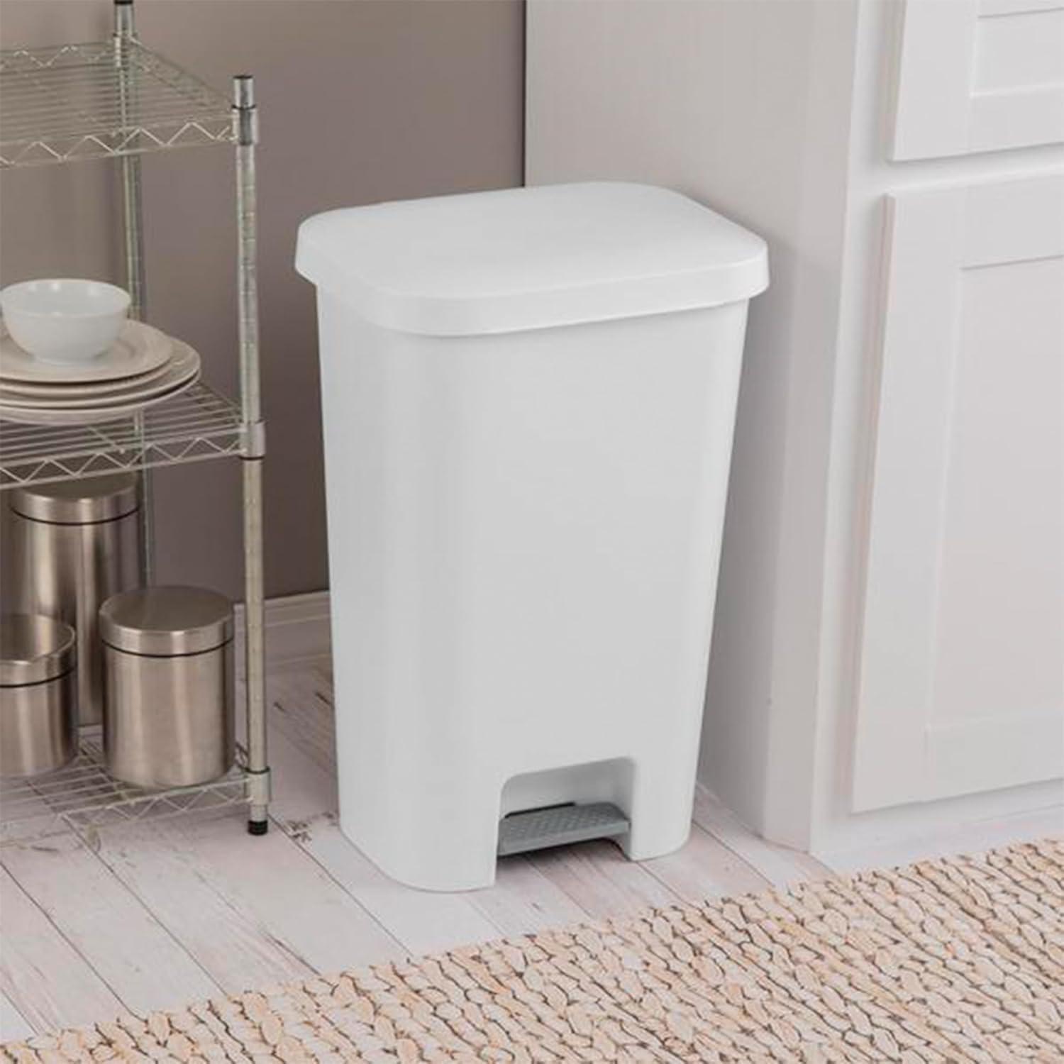 imageSterilite 119 Gallon StepOn Wastebasket with Lid Ideal in the Kitchen and Mudroom Fits a Large 13 Gal Trash Liner Pedal White Lid and Bin 4PackWhite
