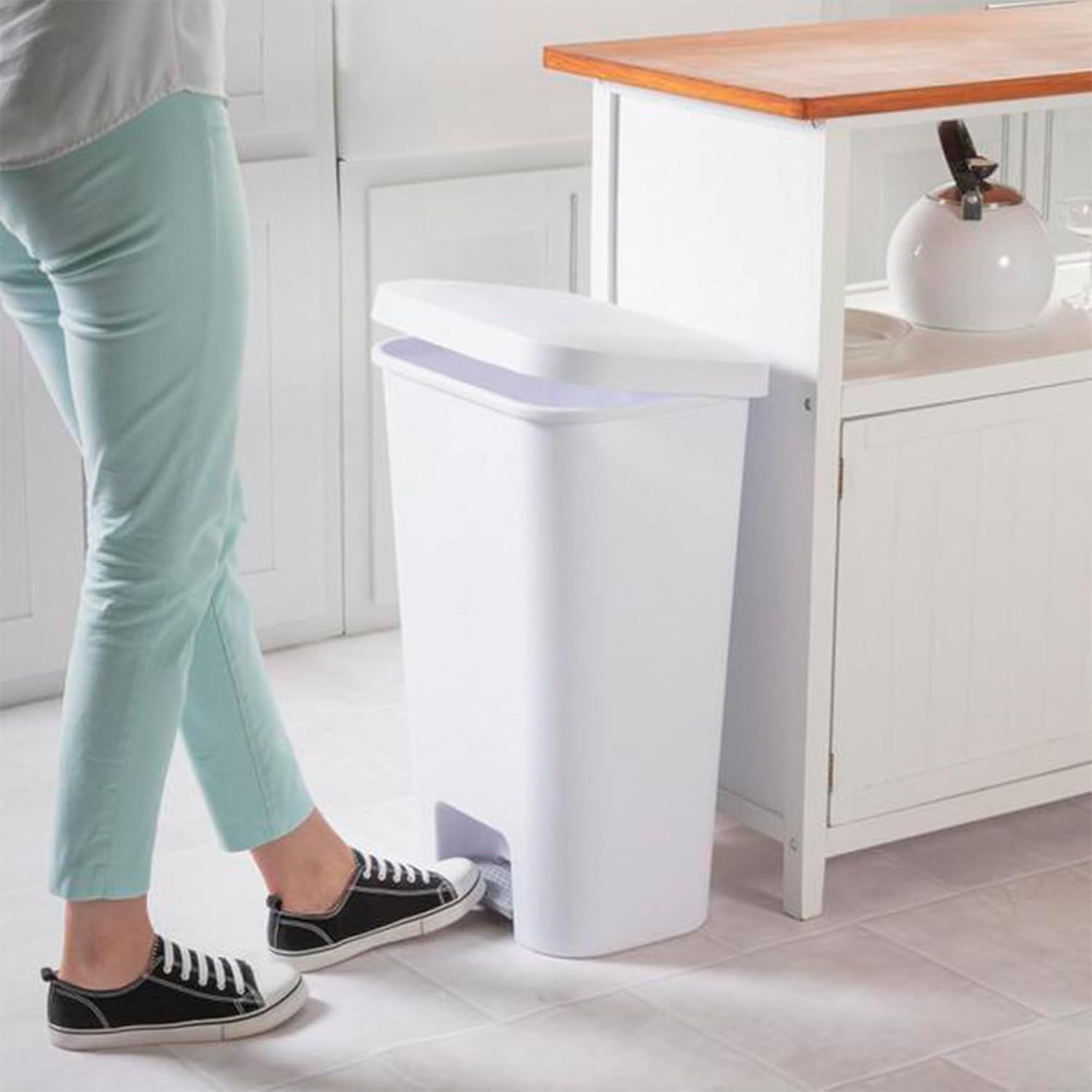 imageSterilite 119 Gallon StepOn Wastebasket with Lid Ideal in the Kitchen and Mudroom Fits a Large 13 Gal Trash Liner Pedal White Lid and Bin 4PackWhite
