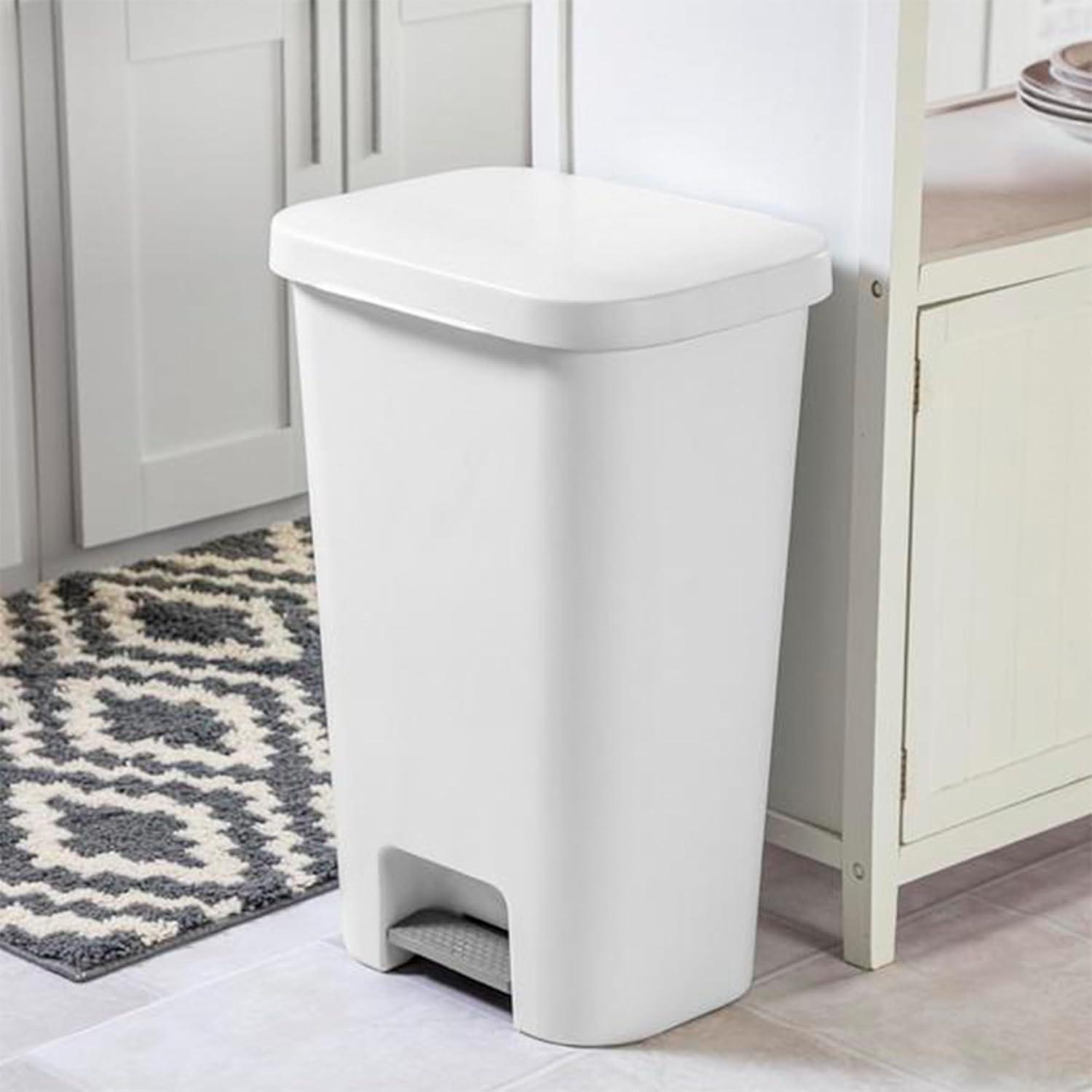 imageSterilite 119 Gallon StepOn Wastebasket with Lid Ideal in the Kitchen and Mudroom Fits a Large 13 Gal Trash Liner Pedal White Lid and Bin 4PackWhite