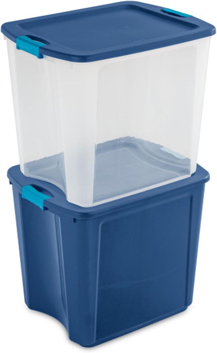 imageSterilite 26 Gal Latch and Carry Stackable Storage Bin with Latching Lid Plastic Tote Container to Organize Closets Blue with Blue Lid 4Pack186 x 203 x 236 inches