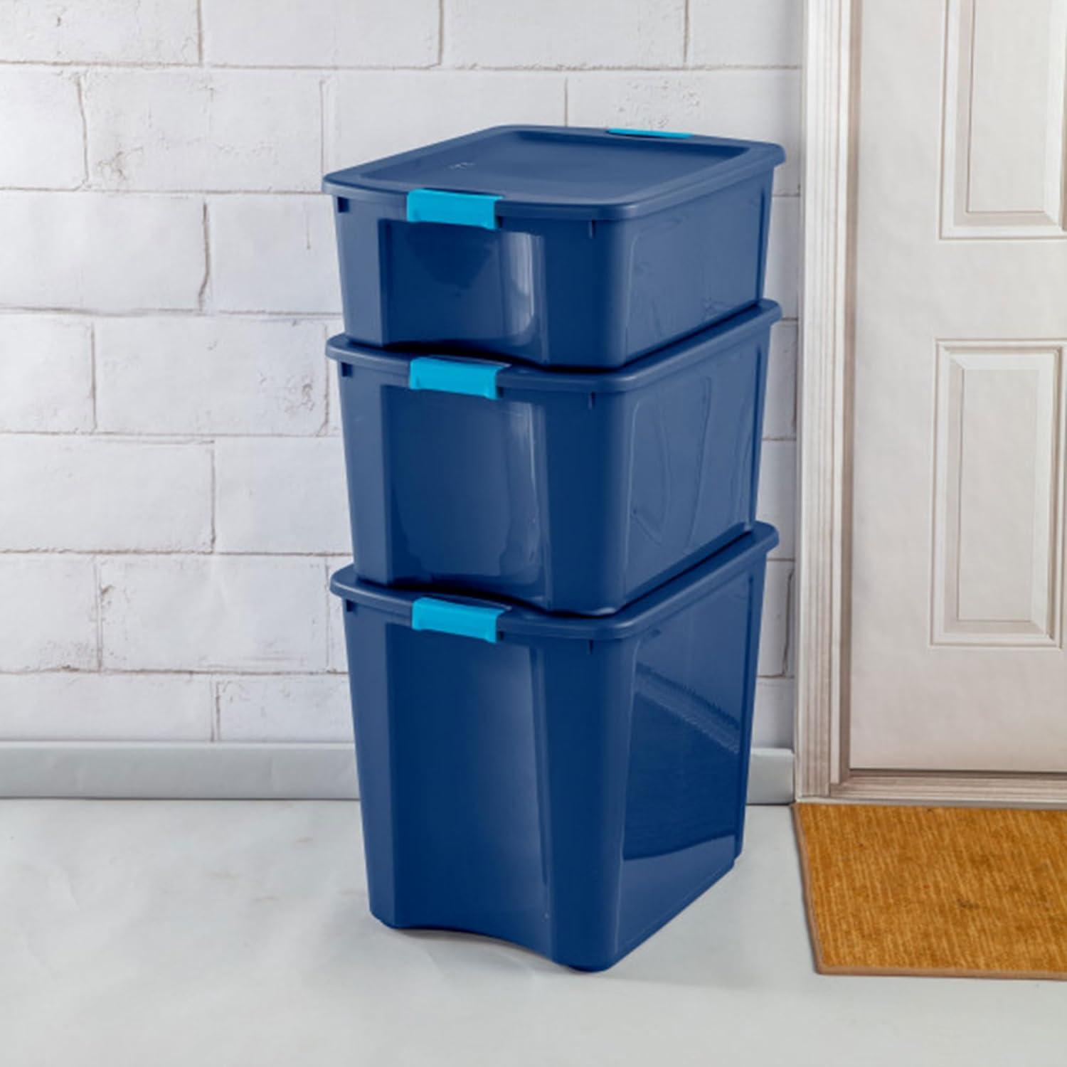 imageSterilite 26 Gal Latch and Carry Stackable Storage Bin with Latching Lid Plastic Tote Container to Organize Closets Blue with Blue Lid 4Pack186 x 203 x 236 inches