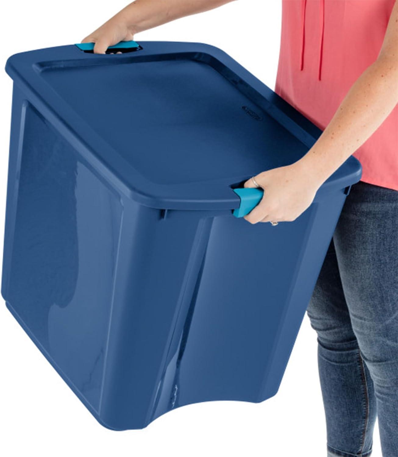 imageSterilite 26 Gal Latch and Carry Stackable Storage Bin with Latching Lid Plastic Tote Container to Organize Closets Blue with Blue Lid 4Pack186 x 203 x 236 inches