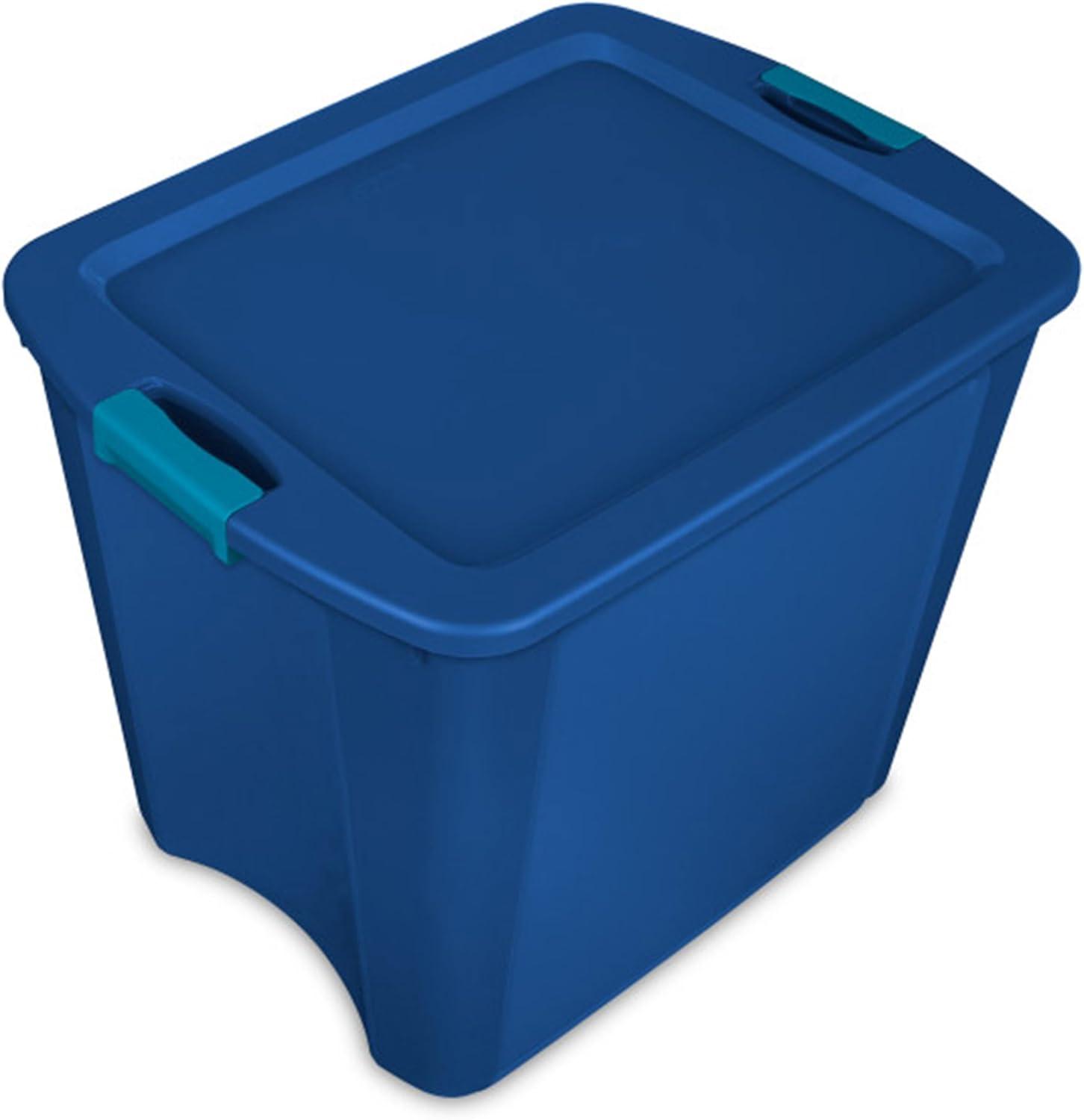 imageSterilite 26 Gal Latch and Carry Stackable Storage Bin with Latching Lid Plastic Tote Container to Organize Closets Blue with Blue Lid 4Pack26 Gallon