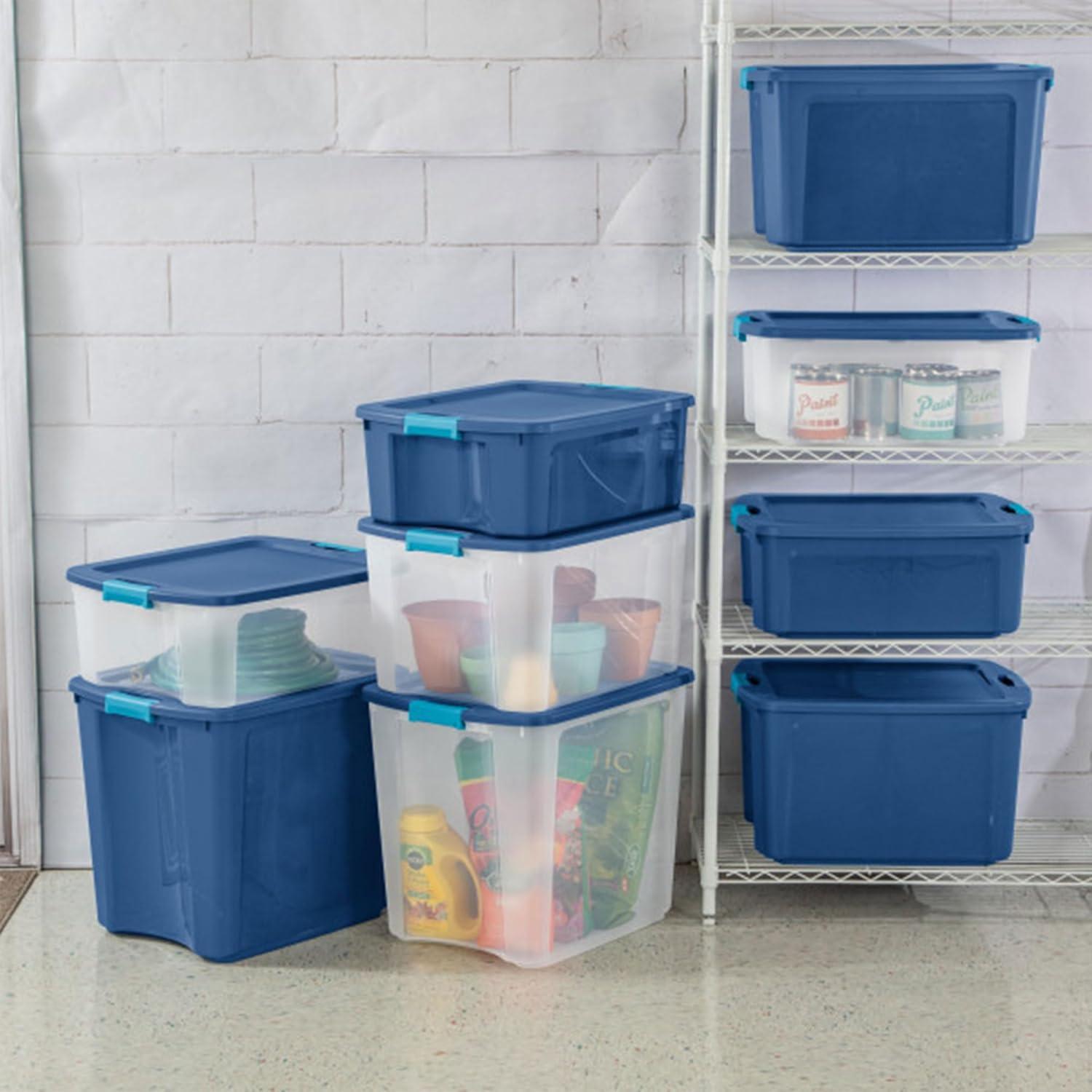 imageSterilite 26 Gal Latch and Carry Stackable Storage Bin with Latching Lid Plastic Tote Container to Organize Closets Blue with Blue Lid 4Pack26 Gallon