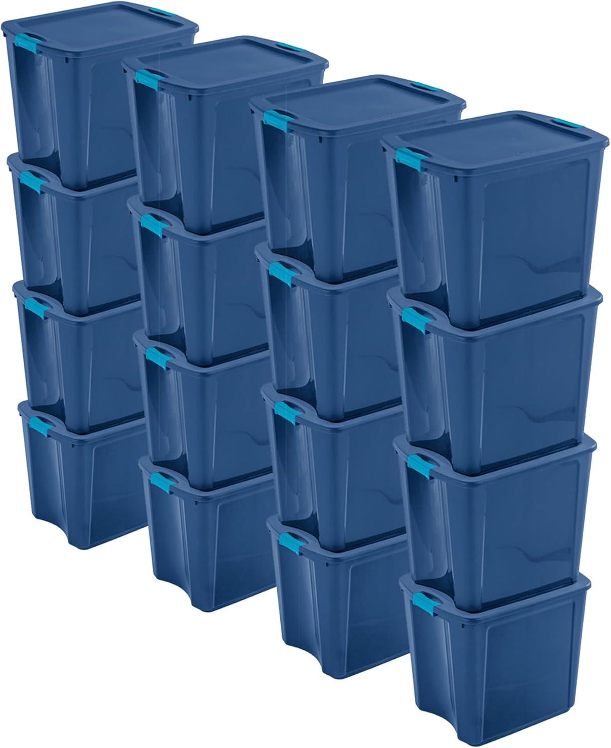 imageSterilite 26 Gal Latch and Carry Stackable Storage Bin with Latching Lid Plastic Tote Container to Organize Closets Blue with Blue Lid 4Pack26 Gallon