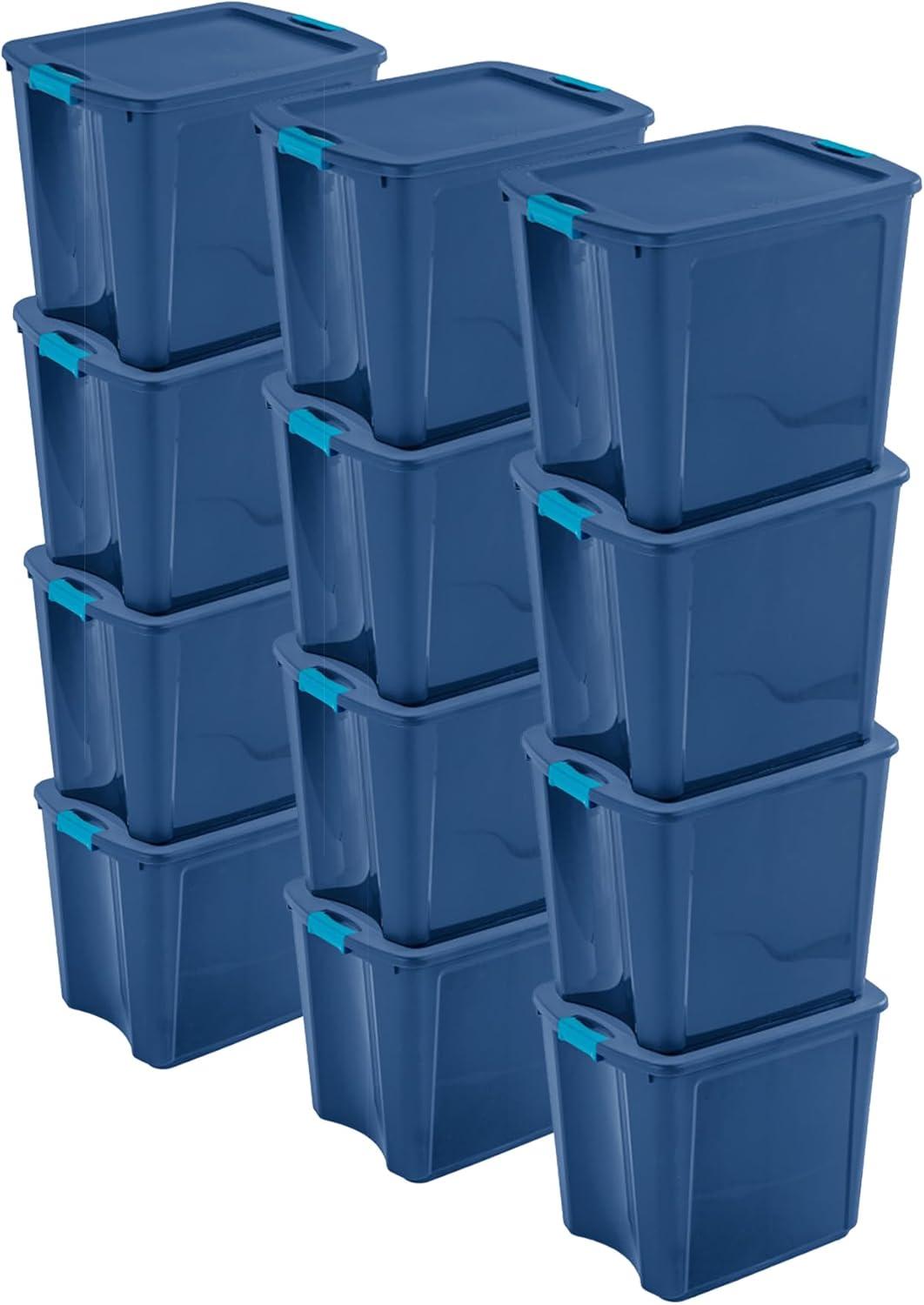 imageSterilite 26 Gal Latch and Carry Stackable Storage Bin with Latching Lid Plastic Tote Container to Organize Closets Blue with Blue Lid 4Pack26 Gallon