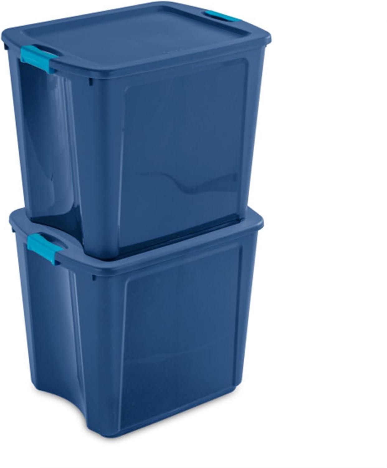 imageSterilite 26 Gal Latch and Carry Stackable Storage Bin with Latching Lid Plastic Tote Container to Organize Closets Blue with Blue Lid 4Pack26 Gallon