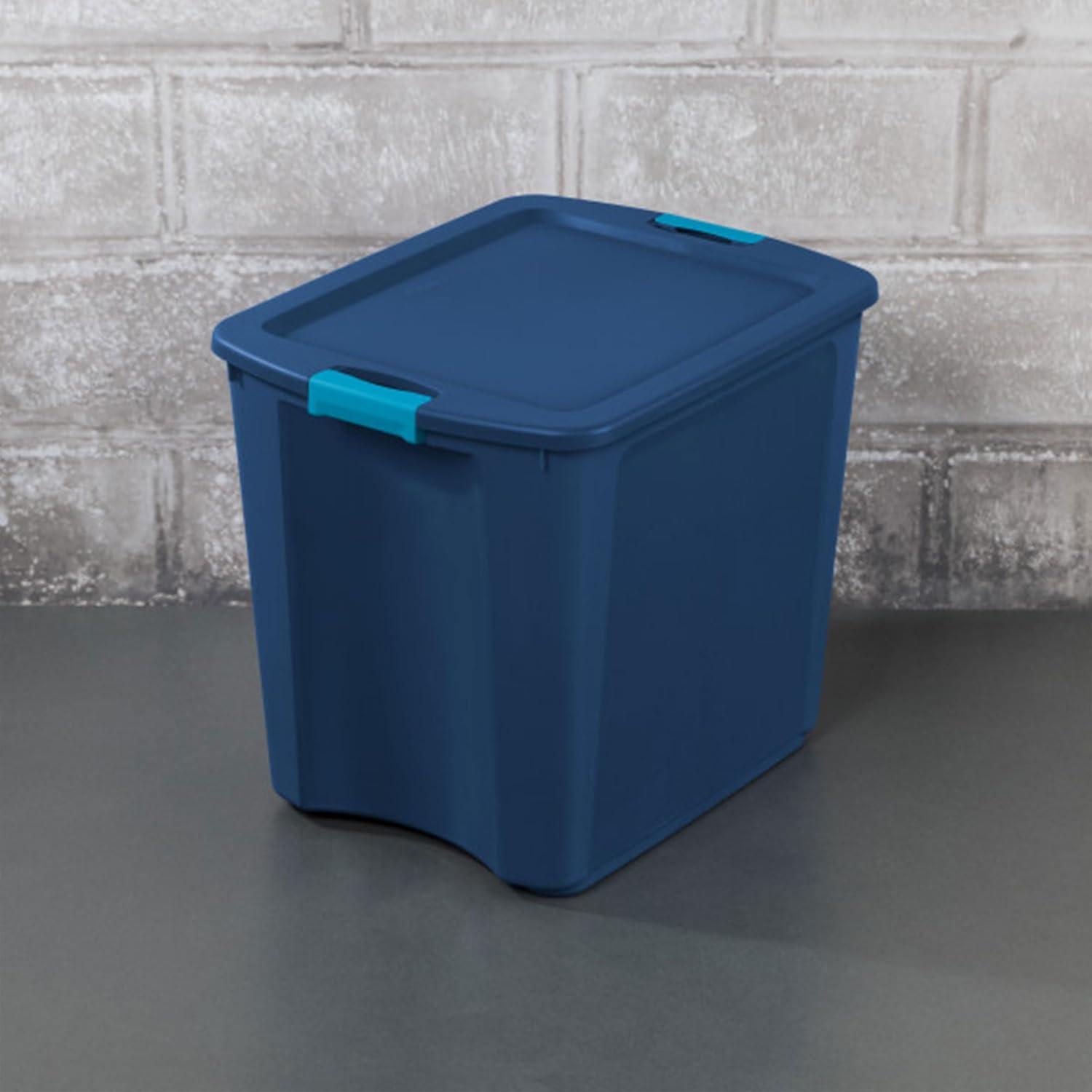 imageSterilite 26 Gal Latch and Carry Stackable Storage Bin with Latching Lid Plastic Tote Container to Organize Closets Blue with Blue Lid 4Pack26 Gallon