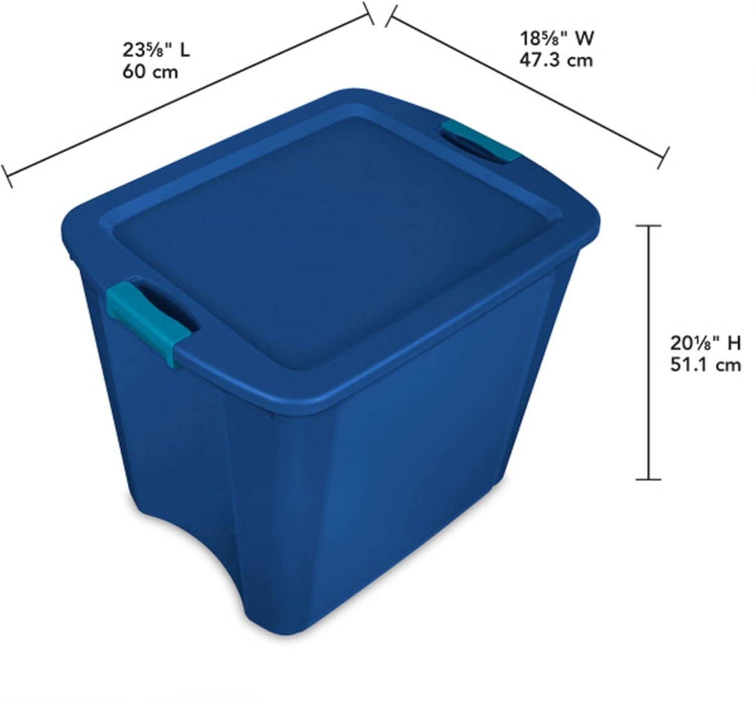 imageSterilite 26 Gal Latch and Carry Stackable Storage Bin with Latching Lid Plastic Tote Container to Organize Closets Blue with Blue Lid 4Pack26 Gallon