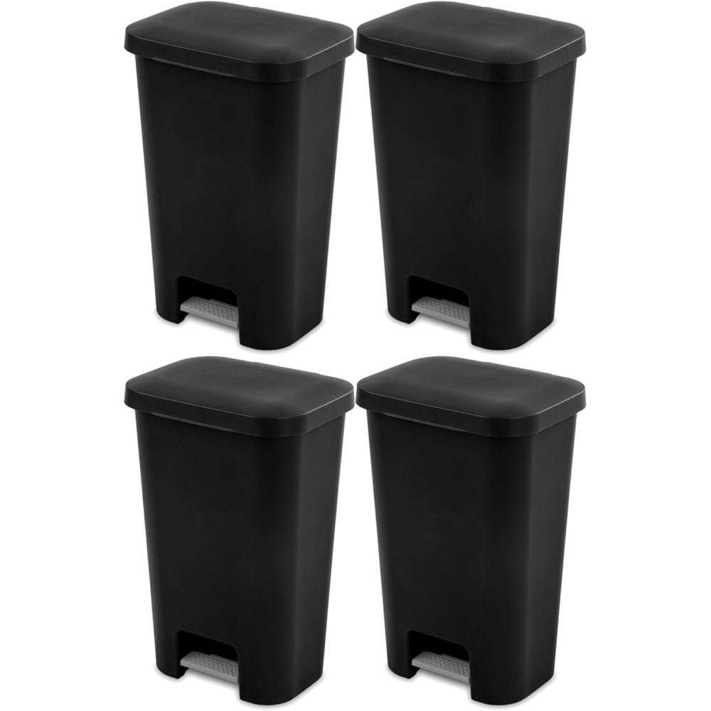 imageSterilite 119 Gallon StepOn Wastebasket with Lid Ideal in the Kitchen and Mudroom Fits a Large 13 Gal Trash Liner Pedal White Lid and Bin 4PackBlack