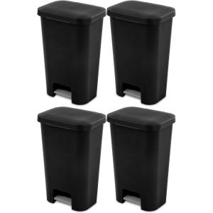 Sterilite 11.9 Gallon StepOn Wastebasket with Lid, Ideal in the Kitchen and Mudroom, Fits a Large 13 Gal Trash Liner, Pedal, White Lid and Bin, 4-Pack(Black)