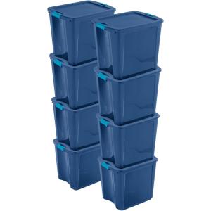 Sterilite 26 Gal Latch and Carry, Stackable Storage Bin with Latching Lid, Plastic Tote Container to Organize Closets, Blue with Blue Lid, 4-Pack(18.6 x 20.3 x 23.6 inches)