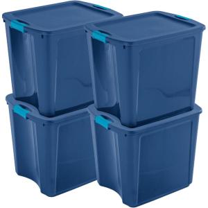 Sterilite 26 Gal Latch and Carry, Stackable Storage Bin with Latching Lid, Plastic Tote Container to Organize Closets, Blue with Blue Lid, 4-Pack(26 Gallon)