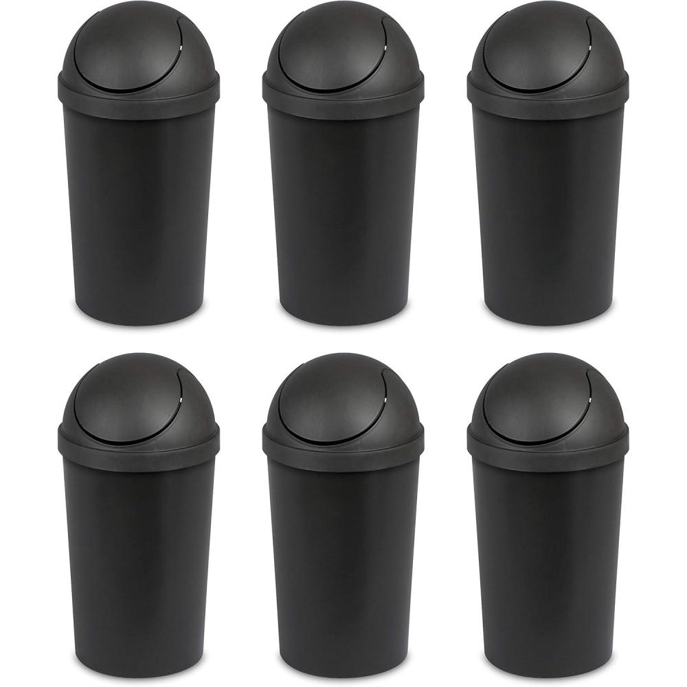 imageSterilite 3 Gallon Round SwingTop Wastebasket with Lid Small Plastic Trash Can for the Bathroom Bedroom Dorm or Home Office Black 6Pack