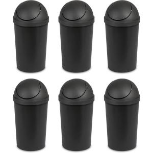 Sterilite 3 Gallon Round SwingTop Wastebasket with Lid, Small Plastic Trash Can for the Bathroom, Bedroom, Dorm or Home Office, Black, 6-Pack