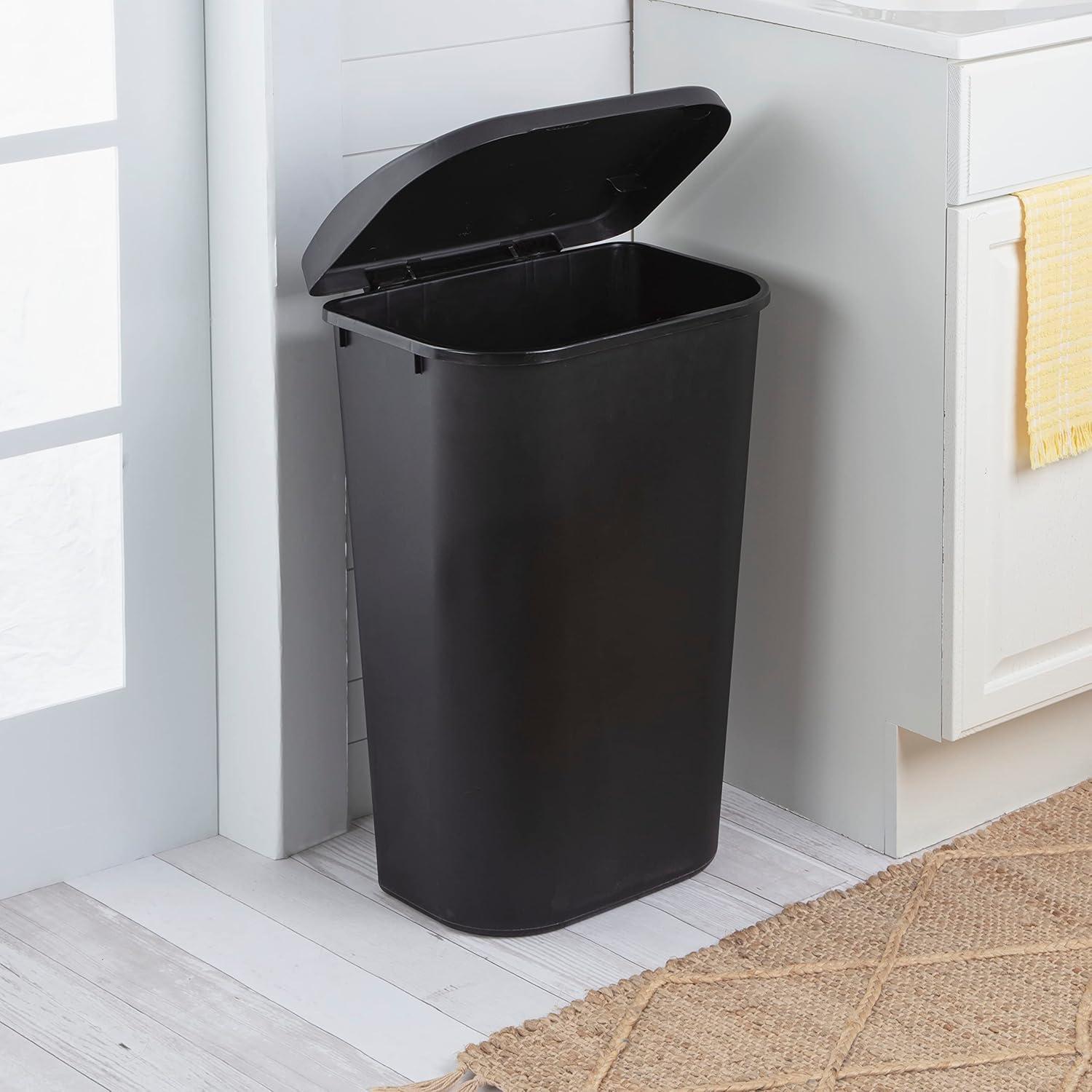 imageSterilite 113 Gallon Lift Top Wastebasket with Lid Large Trash Can for the Kitchen or Bathroom Plastic Black 6Pack