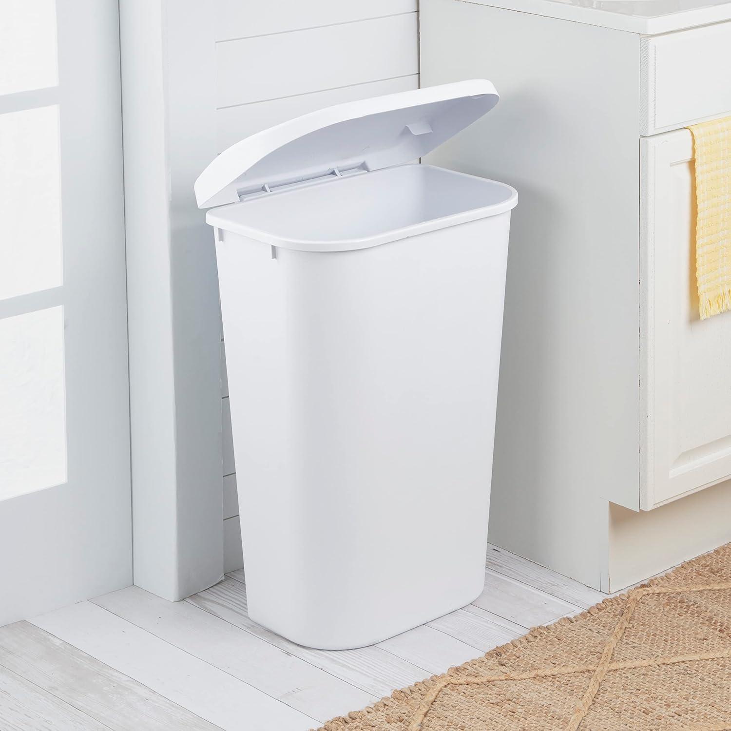 imageSterilite 113 Gallon Lift Top Wastebasket with Lid Large Trash Can for the Kitchen or Bathroom Plastic White 6Pack