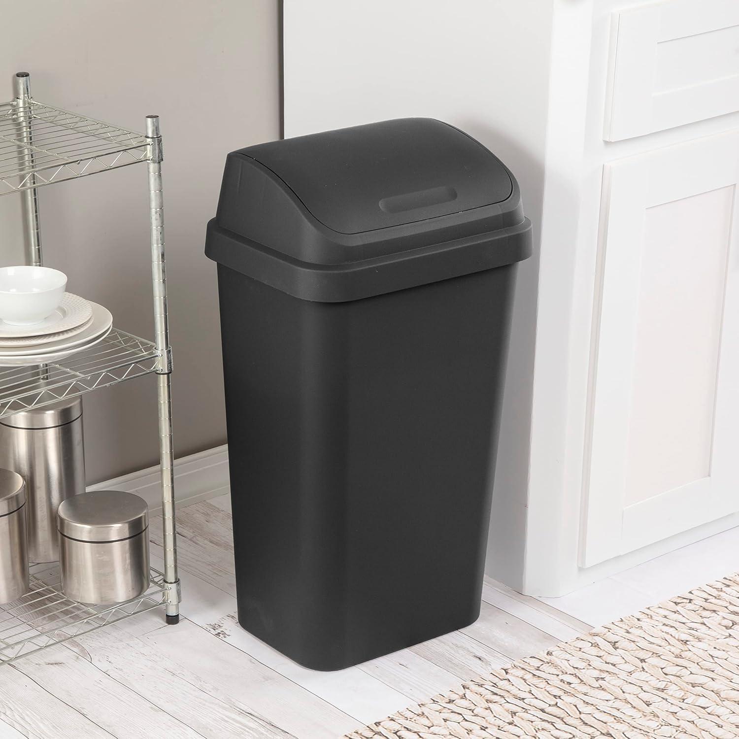 imageSterilite 13 Gallon Swing Top Wastebasket with Lid Large Plastic Trash Can for The Kitchen amp Mudroom Black Lid and Base 4Pack