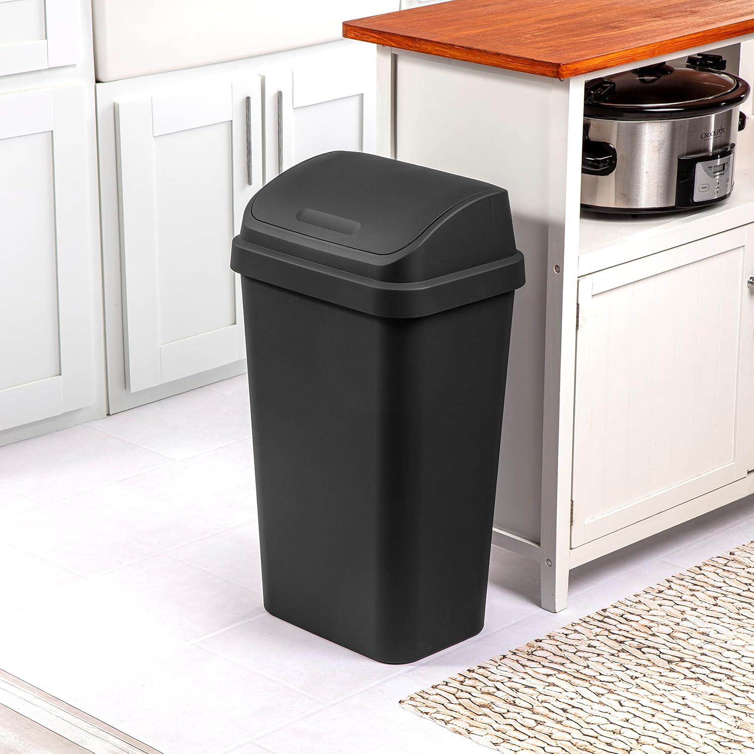 imageSterilite 13 Gallon Swing Top Wastebasket with Lid Large Plastic Trash Can for The Kitchen amp Mudroom Black Lid and Base 4Pack