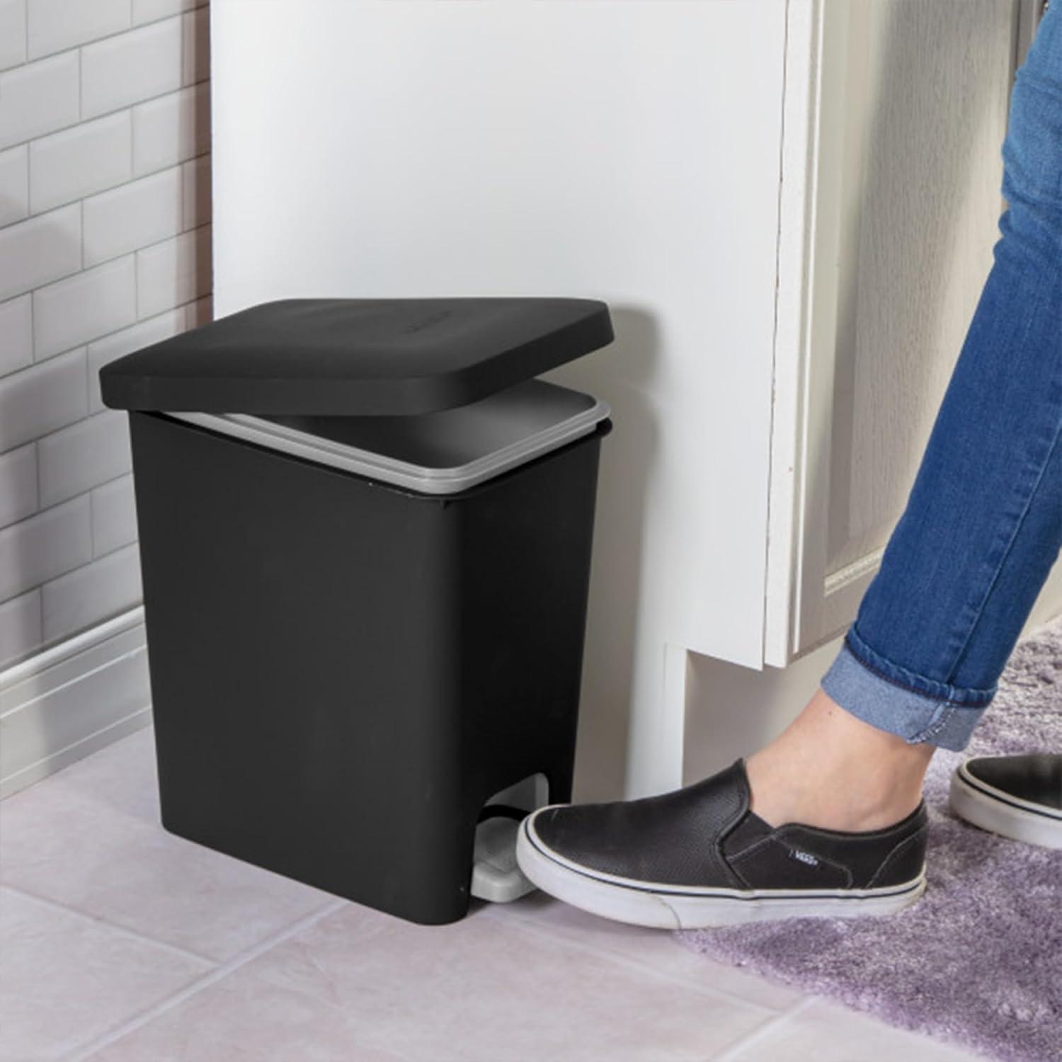 imageSterilite 27 Gallon Rectangular StepOn Wastebasket Small White lid and base with Titanium pedal and LinerBlack