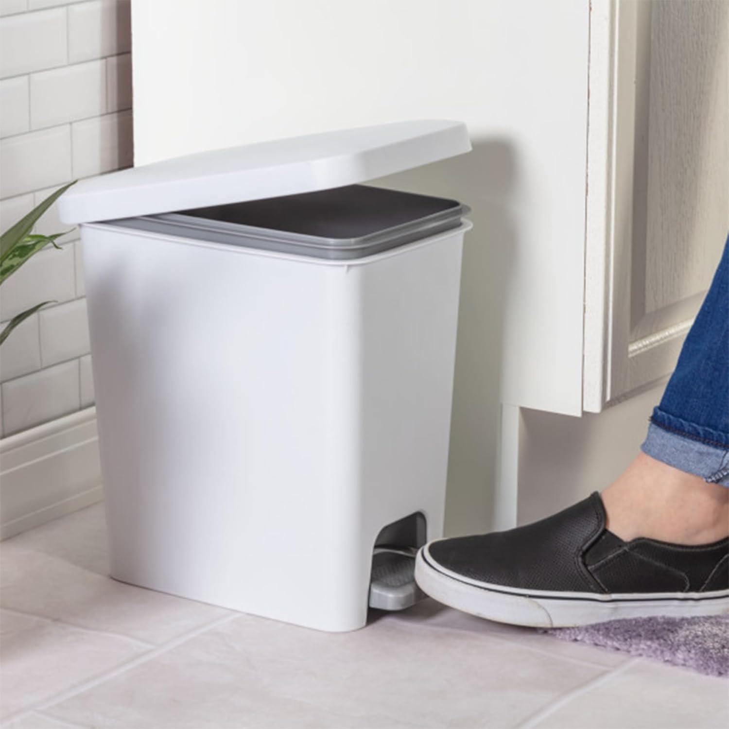 imageSterilite 27 Gallon Rectangular StepOn Wastebasket Small White lid and base with Titanium pedal and LinerWhite