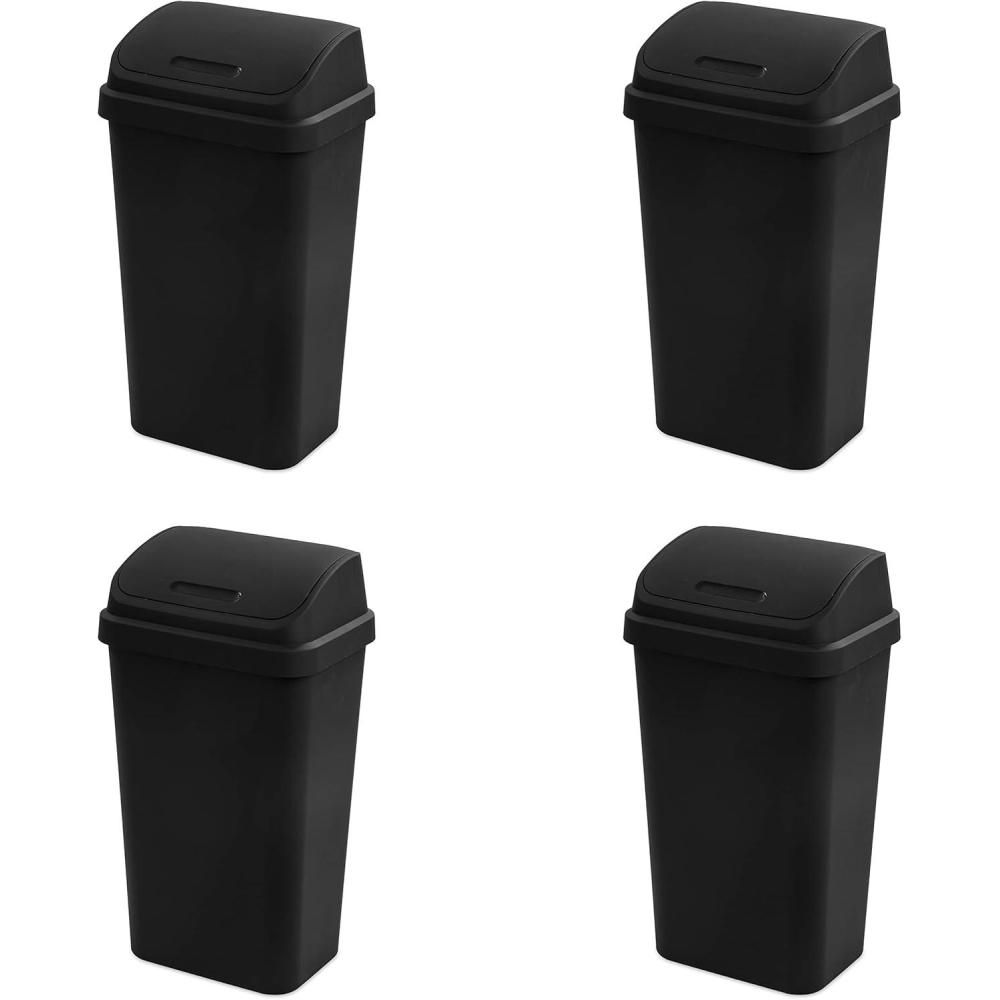 imageSterilite 13 Gallon Swing Top Wastebasket with Lid Large Plastic Trash Can for The Kitchen amp Mudroom Black Lid and Base 4Pack