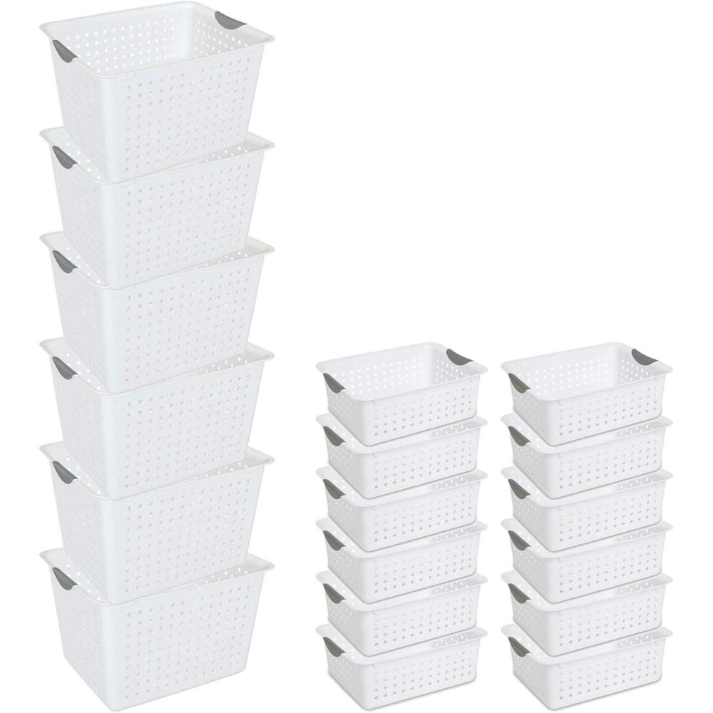 imageSterilite Ultra Storage Basket with Handles for At Home or Organization in Size Deep 6 Pack and Medium 12 Pack White