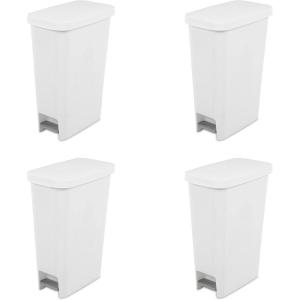 Sterilite 11 Gallon Slim StepOn Wastebasket with Lid, Hands-Free, Space-Saving Trash Can for the Kitchen or Bathroom, White, 4-Pack
