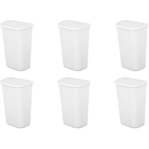 Sterilite 11.3 Gallon Lift Top Wastebasket with Lid, Large Trash Can for the Kitchen or Bathroom, Plastic, White, 6-Pack