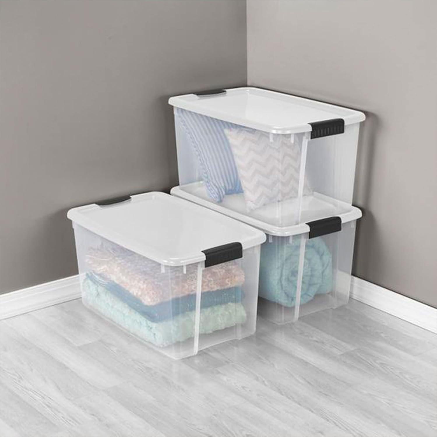 imageSterilite 70 Quart Multipurpose Stackable Plastic Latching Lid Storage Tote 4 Pack amp 6 Quart Container Box Bin for Home Organization Clear 12 Pack70 quart 4 Pack 6 Quart 12 Pack