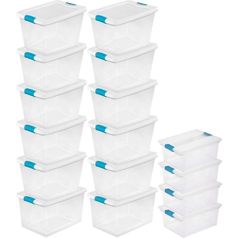 imageSterilite 12 Pack Latching Box 64 Quart Storage Totes amp 4 Pack Deep Clip Container Bins