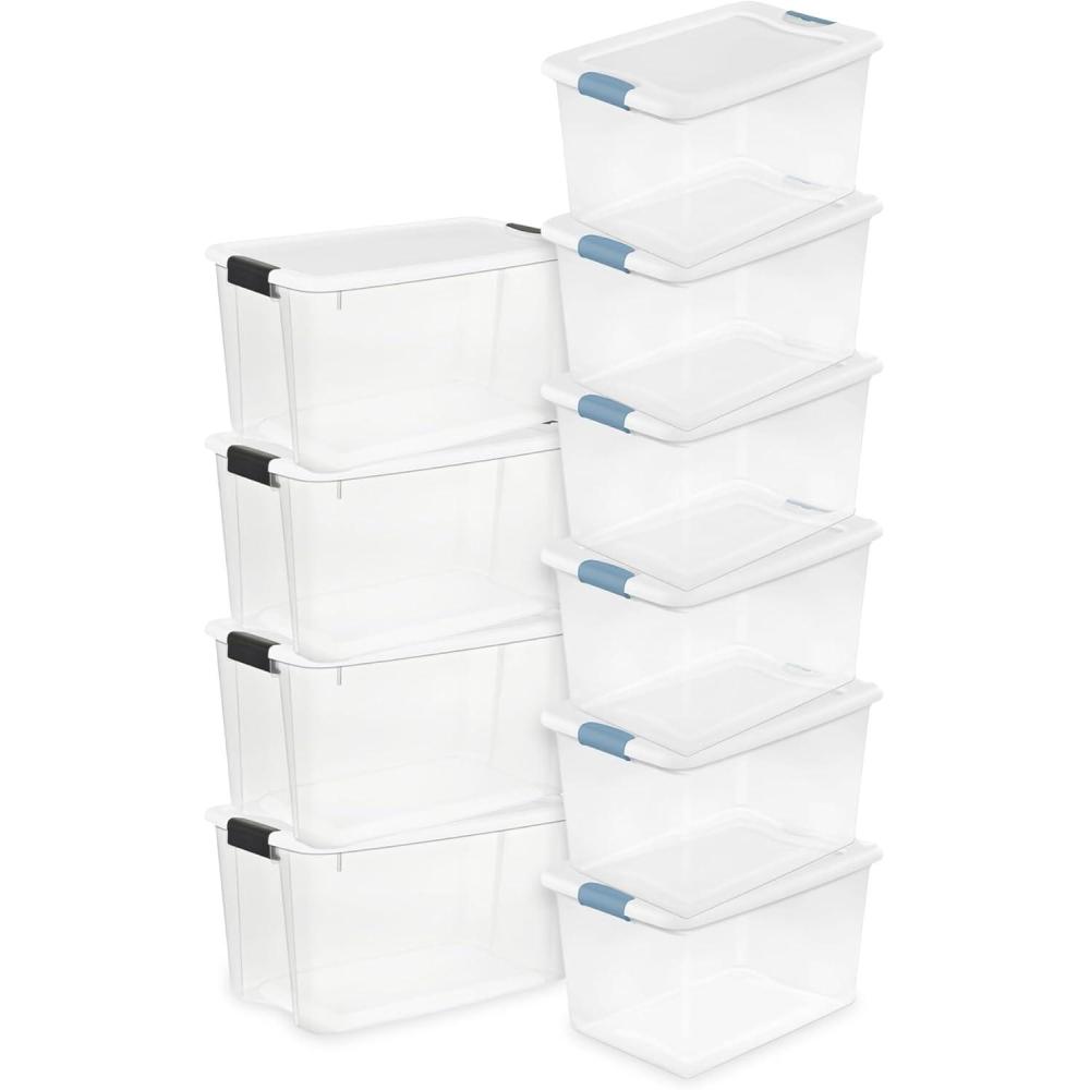 imageSterilite 4Pack Ultra Latch Storage Boxes and 6Pack Latching Totes 70 amp 64 Quart Clear HeavyDuty Organizing Containers for Closet Bathroom and Office