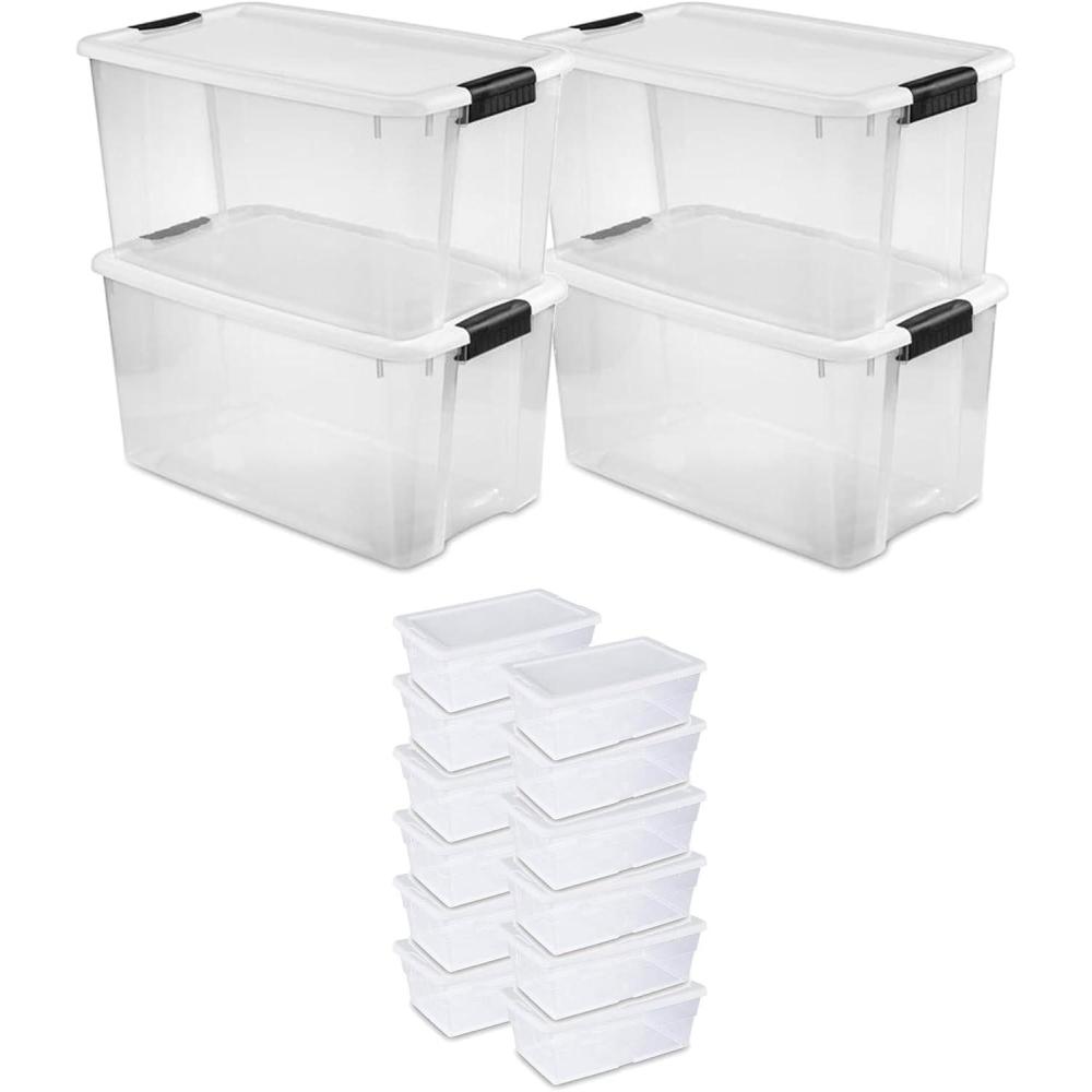imageSterilite 70 Quart Multipurpose Stackable Plastic Latching Lid Storage Tote 4 Pack amp 6 Quart Container Box Bin for Home Organization Clear 12 Pack70 quart 4 Pack 6 Quart 12 Pack