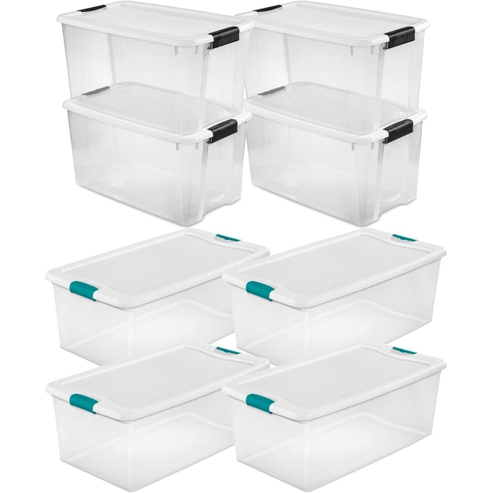 imageSterilite Storage System Solution with 106 Quart Clear Latching Storage Tote 4 Pack and 66 Quart Plastic Stackable Storage Tote 4 Pack