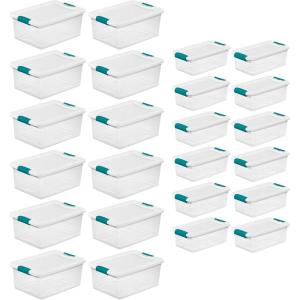 Sterilite 15 Qt Stackable Storage Box with Latching Lid, 12 Pack Bundled with 6 Qt Plastic Organizing Bin with Latch Lid, 12 Pack