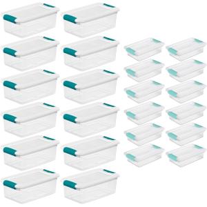 Sterilite 6 Quart Clear Latch Lid Stackable Storage Box Tote, 12 Pack, and Small Clear Latch Lid File Clip Box, 12 Pack for Household Organization
