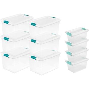 Sterilite 64 Quart Latching Clear Plastic Storage Organizer Tote Container Bin Box, 6 Pack and Medium Clip Boxes with Lids, 4 Pack