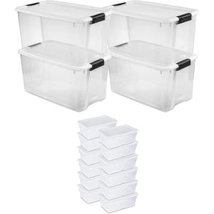 Sterilite 70 Quart Multipurpose Stackable Plastic Latching Lid Storage Tote, 4 Pack & 6 Quart Container Box Bin for Home Organization, Clear 12 Pack(70 quart 4 Pack + 6 Quart 12 Pack)