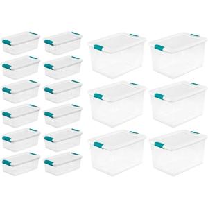 Sterilite Clear 6 Quart Easy Latching Storage Box with White Lid, 12 Pack, and Clear 64 Quart Easy Latching Storage Box with White Lid, 6 Pack
