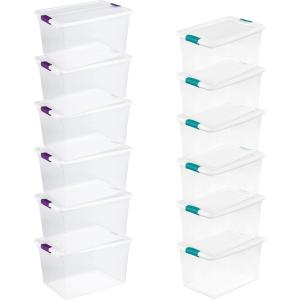 Sterilite Clear Plastic Storage Totes, 6 Pack 64 Quart and 6 Pack 66 Quart Bins with Lids