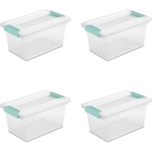 Sterilite Medium Clip Box, Stackable Small Storage Bin with Latching Lid, Plastic Container to Organize Office, Crafts, Clear Base and Lid, 4-Pack(Medium)