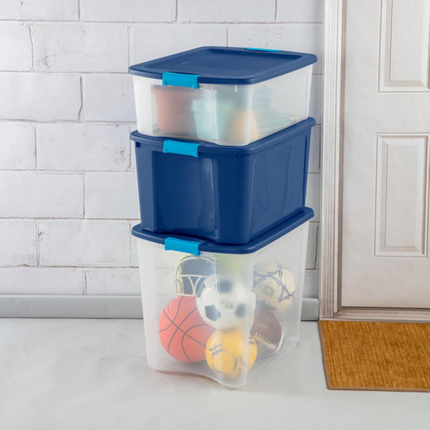 imageSterilite 18 Gal Latch and Carry Stackable Storage Bin with Latching Lid Plastic Tote Container to Organize Closets Blue with Blue Lid 6Pack