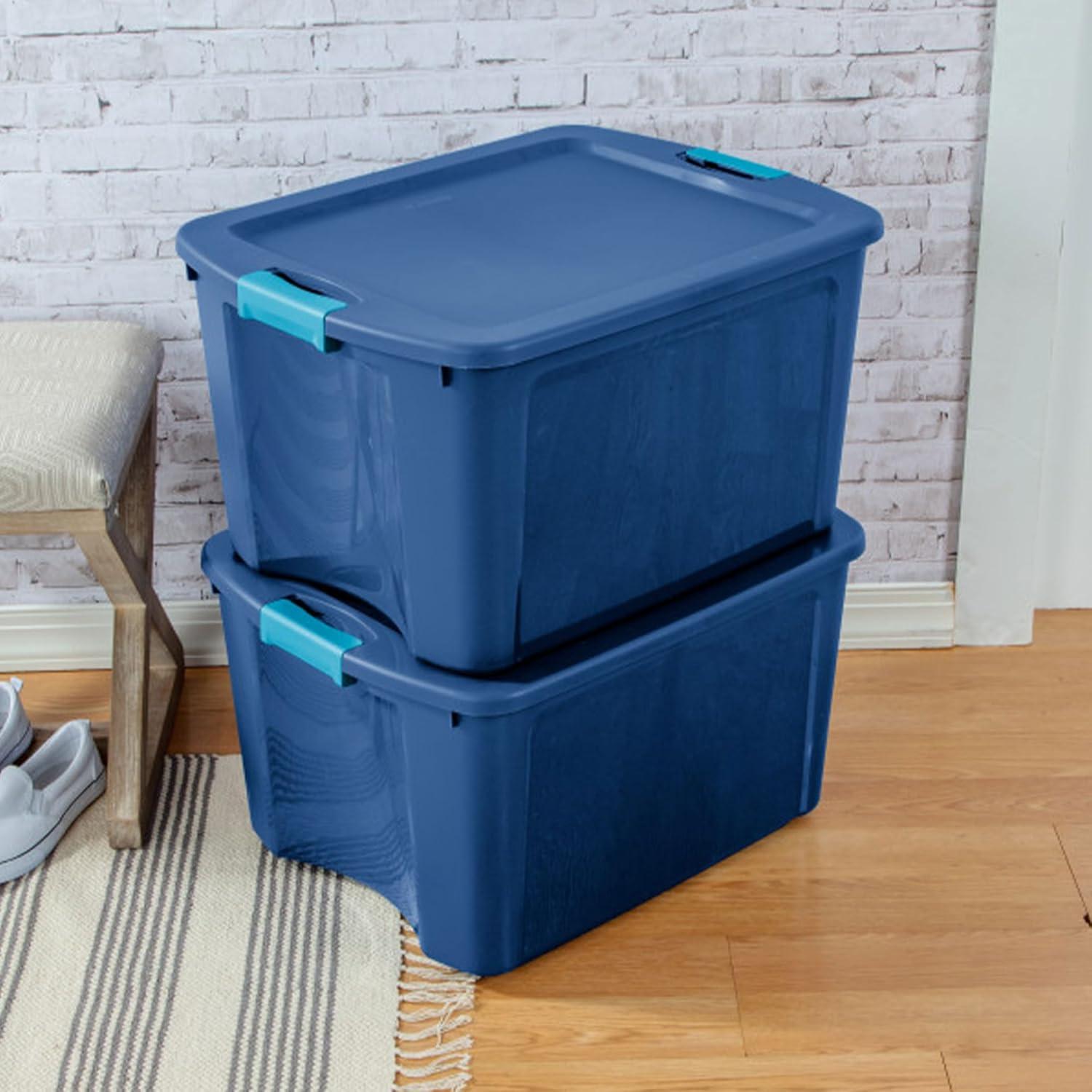 imageSterilite 18 Gal Latch and Carry Stackable Storage Bin with Latching Lid Plastic Tote Container to Organize Closets Blue with Blue Lid 6Pack