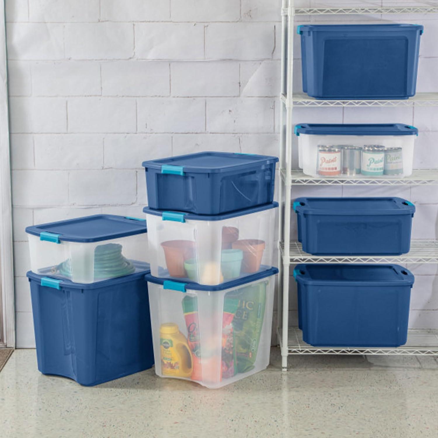 imageSterilite 18 Gal Latch and Carry Stackable Storage Bin with Latching Lid Plastic Tote Container to Organize Closets Blue with Blue Lid 6Pack