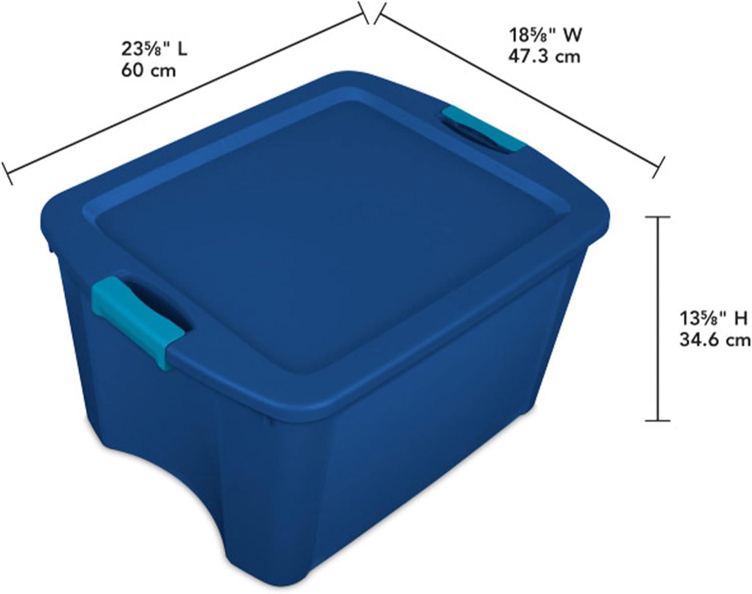 imageSterilite 18 Gal Latch and Carry Stackable Storage Bin with Latching Lid Plastic Tote Container to Organize Closets Blue with Blue Lid 6Pack