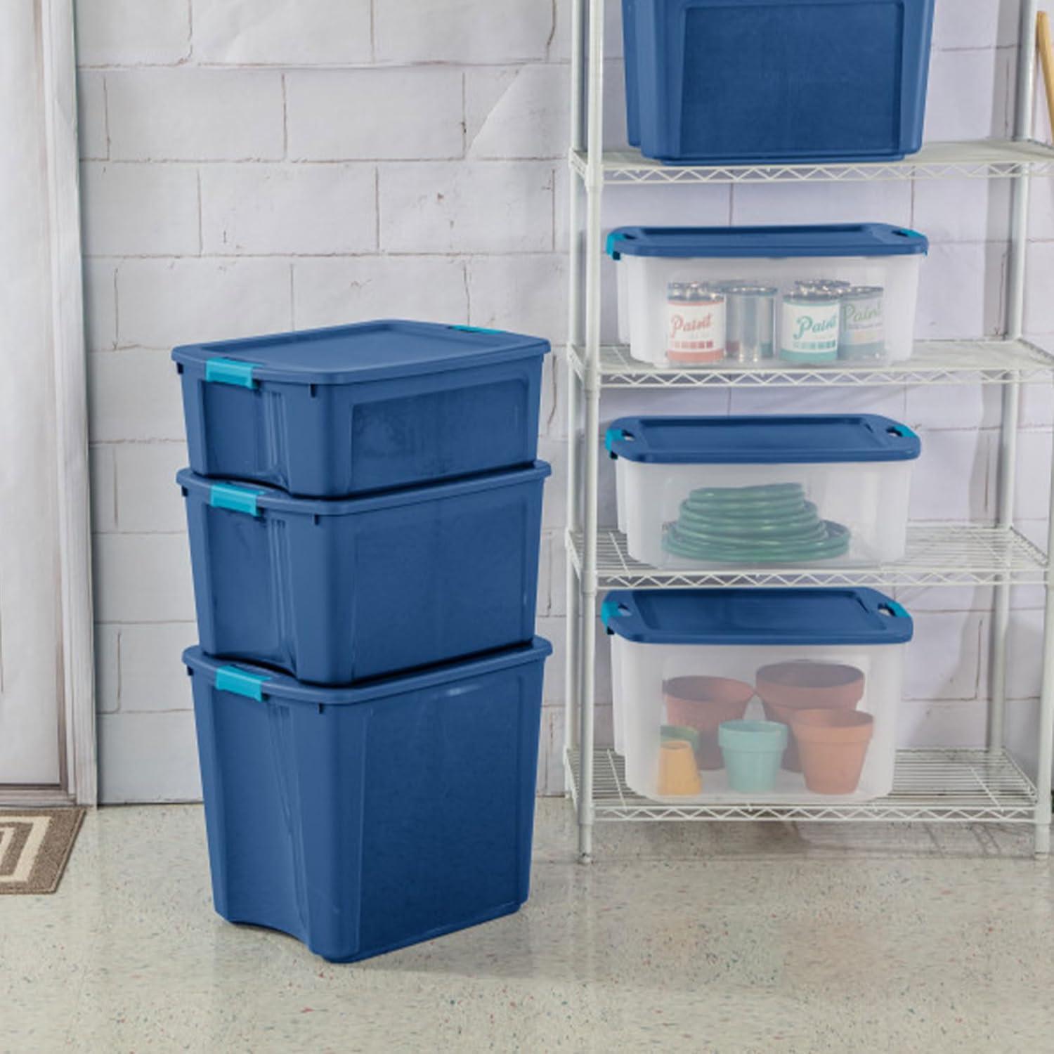 imageSterilite 18 Gal Latch and Carry Stackable Storage Bin with Latching Lid Plastic Tote Container to Organize Closets Blue with Blue Lid 6Pack