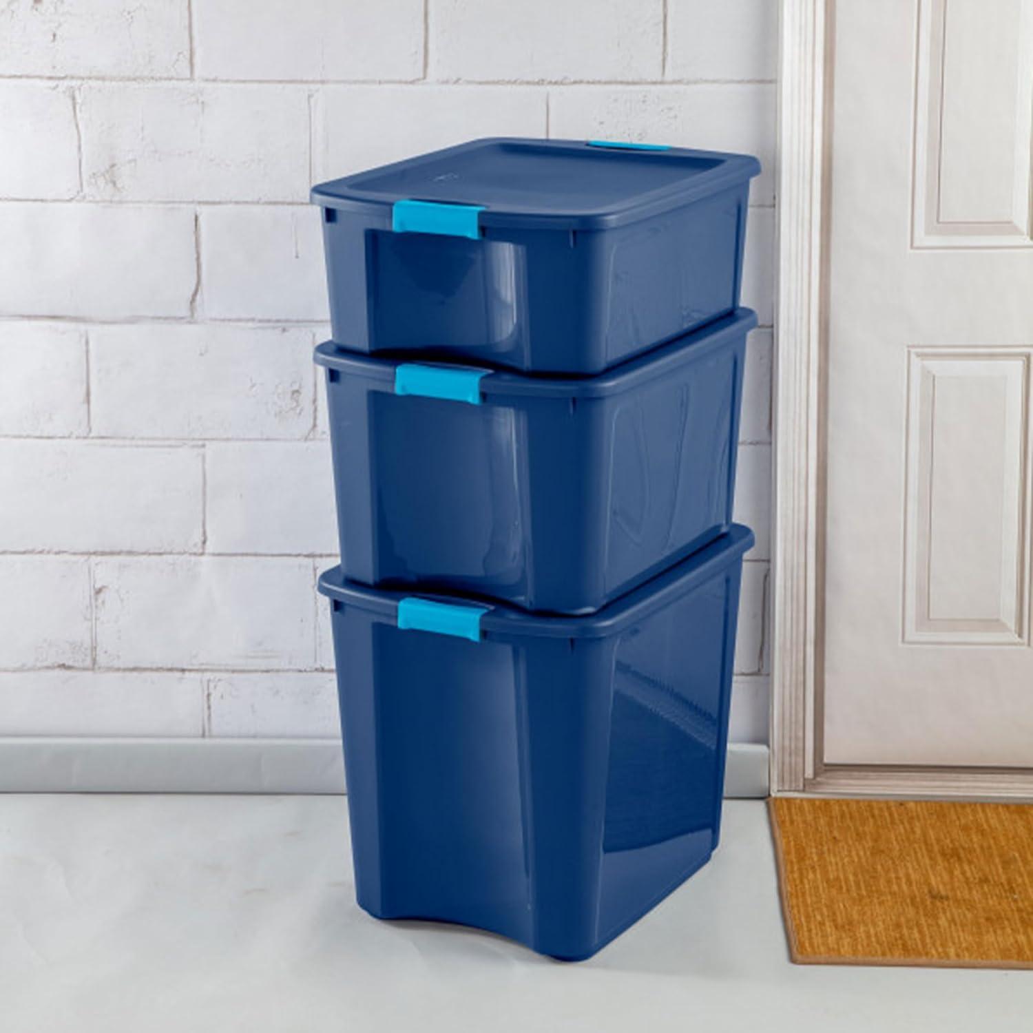 imageSterilite 18 Gal Latch and Carry Stackable Storage Bin with Latching Lid Plastic Tote Container to Organize Closets Blue with Blue Lid 6Pack