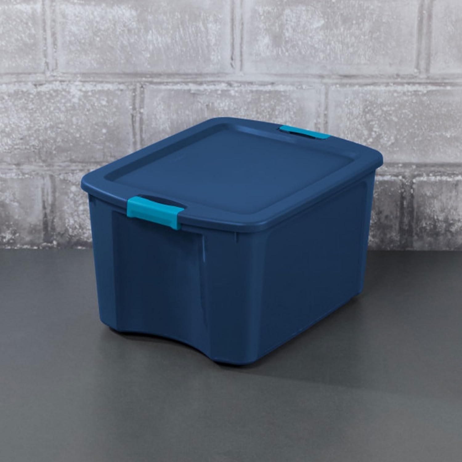 imageSterilite 18 Gal Latch and Carry Stackable Storage Bin with Latching Lid Plastic Tote Container to Organize Closets Blue with Blue Lid 6Pack